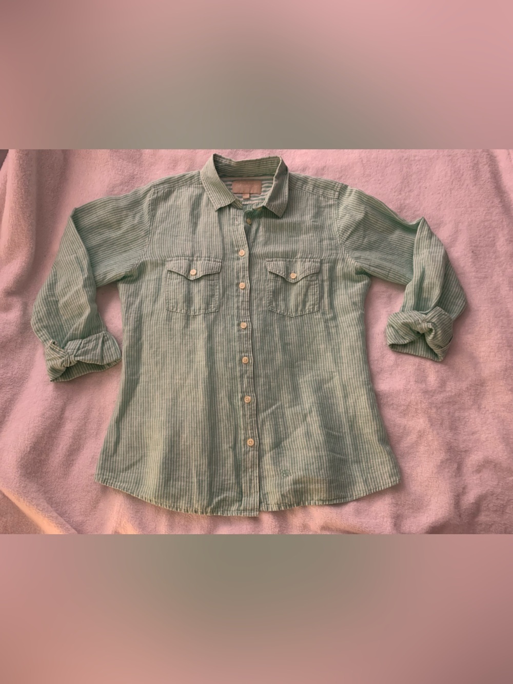 Banana Republic Soft Wash Linen Cotton Mint Green and White Pinstripe Shirt M - Picture 11 of 16
